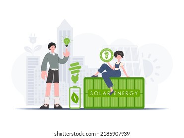 ECO are caring people. The concept of green energy and ecology. Vector trend illustration.