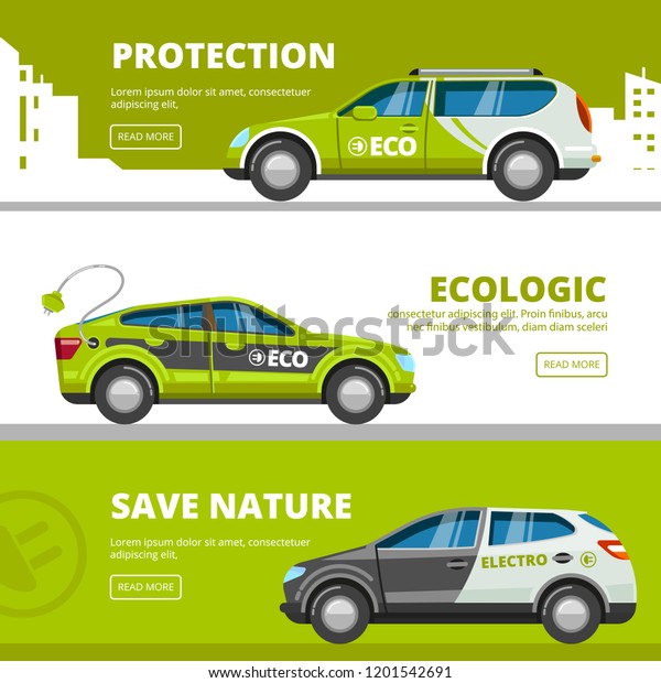 Eco cars banners. Alternative power energy\
electrical vehicles with charge battery vector eco transport save\
nature concept cartoon