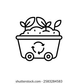 eco cart line icon, Compost bin with plants growing out; sustainable gardening concept. ecological website, gardening blog, environmental poster, sustainable living magazine.
