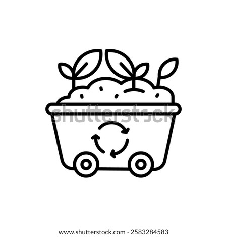 eco cart line icon, Compost bin with plants growing out; sustainable gardening concept. ecological website, gardening blog, environmental poster, sustainable living magazine.