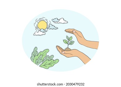 Eco cartoon hand cares plant sprout. Environmental safety sustainable technology renewable energy. Nature protection planet problem paper drawing cut design vector illustration