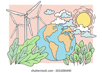 Eco cartoon planet Earth wind mills green leaves. Environmental safety sustainable technology renewable energy. Nature protection problem paper drawing cut design vector illustration