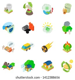 Eco catastrophic icons set. Isometric set of 16 eco catastrophic vector icons for web isolated on white background