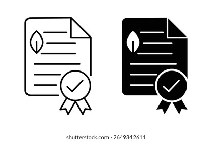 eco certificate icon sign vector in flat or line style. certifications and labels: leaf badge, eco label ribbon, certification. Green energy certificate symbolizing.