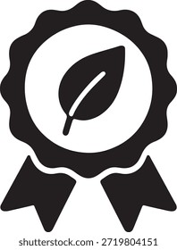 Icono de insignia de certificación ecológica con el símbolo de la hoja que representa productos sostenibles, garantía de calidad verde y Aprobación ecológica.