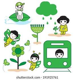 Eco characters and icons illustration set