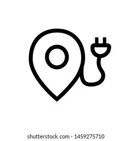Eco charge pointer. Energy placement marker. Pinpoint. Plug sign. Vector icon.  Navigation symbol. Geolocation guide concept. Charging tag. Flat simple line illlustration.