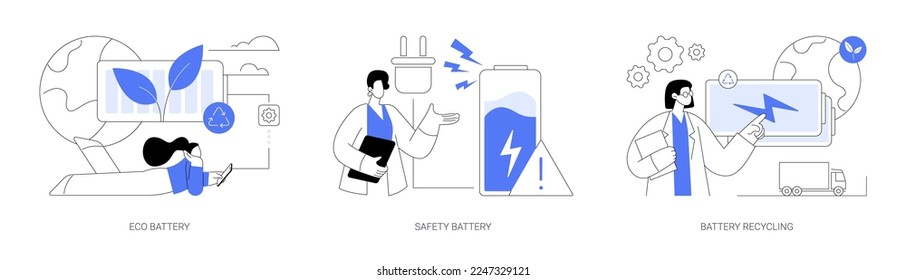 Eco charging solution abstract concept vector illustration set. Eco battery, smartphone battery safe use and recycling, energy storage technology, toxic waste, rechargeable power abstract metaphor.