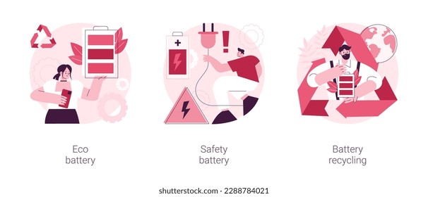 Eco charging solution abstract concept vector illustration set. Eco battery, smartphone battery safe use and recycling, energy storage technology, toxic waste, rechargeable power abstract metaphor.