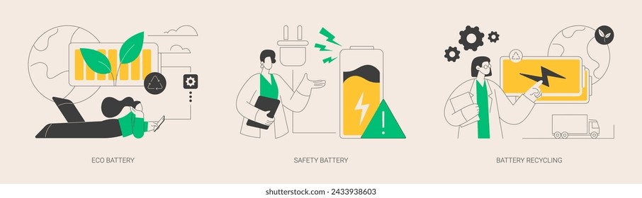 Eco charging solution abstract concept vector illustration set. Eco battery, smartphone battery safe use and recycling, energy storage technology, toxic waste, rechargeable power abstract metaphor.