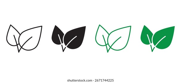 Eco Checkmark Leaf Icons (Ícones de folha de marca de verificação ecológica). Símbolos orgânicos verificados em verde e preto para marcas de sustentabilidade.
