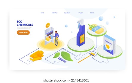 Diseño de página de aterrizaje de sustancias químicas ecológicas, plantilla de vector de banner del sitio web. Producto de limpieza natural del hogar, detergente de lavandería