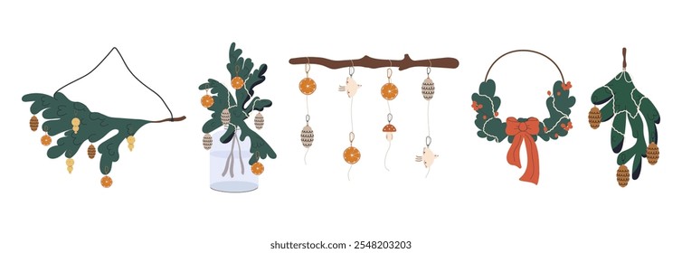 Eco Christmas. Fir and wooden branches decorated with handmade toys. Wreaths, a branch of a Christmas tree in a vase. Decor for winter and New Year holidays. Isolated on a white background.Flat vector