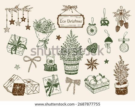 Eco Christmas hand-drawn vector set with tree in wooden bucket, fabric and wooden ornaments, dried orange, pinecone decorations, craft gifts, twine bows, evergreen bouquet with berries, hanging decora