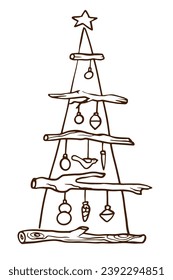 Eco Christmas tree made with branches and wood, paper, textile eco toys. Alternative Plastic free winter holidays. Hand drawn vector doodle illustration
