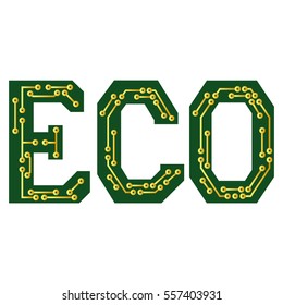 ECO circuit board. The word ECO. Green and gold sign . Technology symbol on white background.