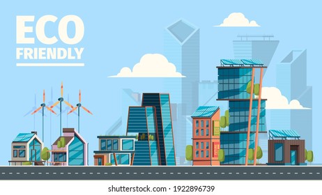 Eco city. Background with eco friendly constructions houses with smart sun panels energy windmills future concept garish vector illustrations flat