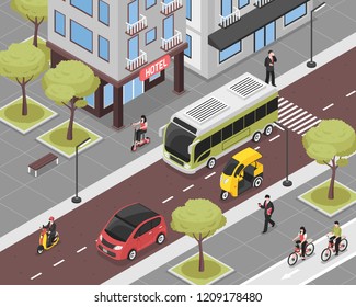 Eco city background with city transport and people isometric vector illustration