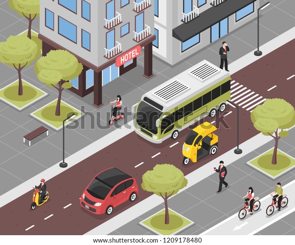 Eco city background with city transport and\
people isometric vector\
illustration