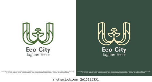 Eco city building logo design illustration vector. Urban green nature environment evergreen leaf plant building silhouette. Abstract minimal simple vector icon symbol.