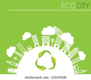 Eco city with eco building in ther world over green background