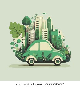 Eco city with eco car. Green city concept. Vector illustration of eco city.