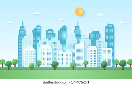 Eco city, cityscape, building with blue sky and sun, paper art style