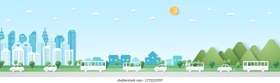 Eco City, Cityscape, Landscape, Building, Village And Mountain With Blue Sky And Sun, Street, Road With Cars. Paper Art Style