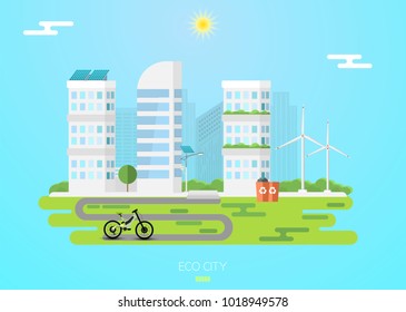 Eco city concept banner. Solar, wind energy in the city