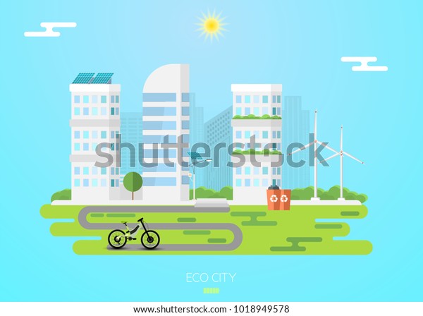 Eco\
city concept banner. Solar, wind energy in the\
city
