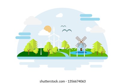 Eco city. Concept energy city. Illustration in landscape style. Vector