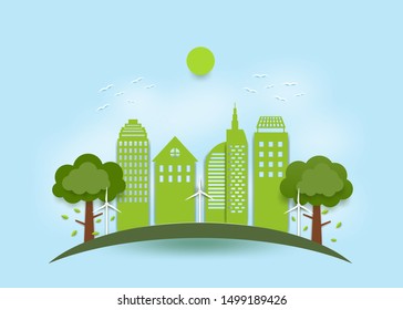 Eco city concept, Green city using natural energy In the form of paper art.