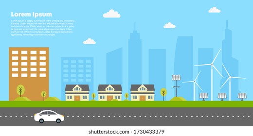 Eco city concept vector. Illustration of building, house, and renewable energy concept, solar and wind power. 