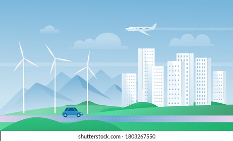 Eco city concept vector illustration. Cartoon flat urban summer modern cityscape with skyscrapers buildings, ecological windmills for save environment, alternative sustainable energy source background