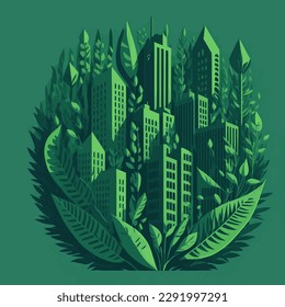 Ciudad ecológica. Concepto ecológico de ciudad verde. Icono de la ciudad verde. Ilustración vectorial de la ciudad ecológica en tonos oscuros.