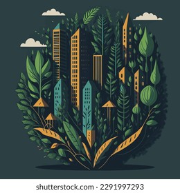 Ciudad ecológica. Concepto ecológico de ciudad verde. Icono de la ciudad verde. Ilustración vectorial de la ciudad ecológica en tonos oscuros.