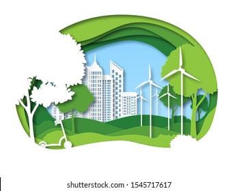 Eco city. Future ecosystem with building, tree and windmill. Green recycling energy, save environment papercut vector urban ecology protection biology concept