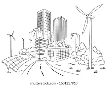 Eco city graphic black white cityscape skyline sketch illustration vector