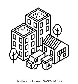 Eco city with green buildings, recycling bin, trees, car, house. Isometric vector icon. Editable stroke.