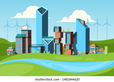 Eco city. Green concept with urban landscape save nature clean environment in eco city vector background