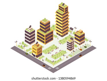 Eco city isometric color vector illustration. Green buildings. Smart city infographic. Renewable energy 3d concept. Eco friendly environment. Zero waste urban ecosystem. Isolated design element