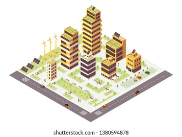 Eco city isometric color vector illustration. Smart city infographic. Renewable resources production. Green buildings 3d concept. Eco friendly, sustainable environment. Isolated design element