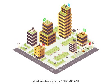 Eco City Isometric Color Vector Illustration. Commercial Buildings. Smart Town Infographic. Renewable Energy 3d Concept. Environmentally Friendly, Sustainable Urban Ecosystem. Isolated Design Element