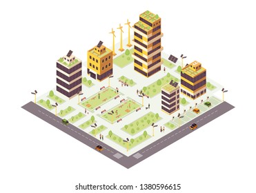 Eco city isometric color vector illustration. Eco friendly buildings with solar grids and trees infographic. Smart city 3d concept. Sustainable environment. Modern town. Isolated design element