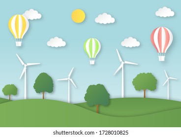 eco city landscape with balloon flying paper art style. vector Illustration.