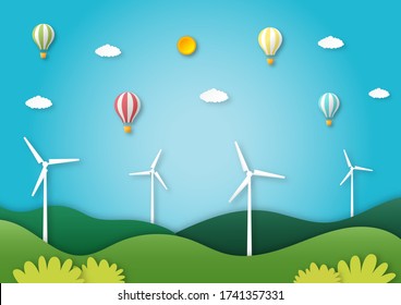 eco city landscape with balloon flying paper art style. vector Illustration.