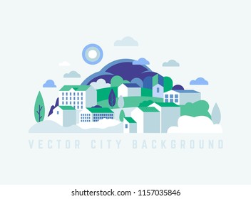 Eco City Landscape With Buildings, Hills And Trees. Vector Ecology Illustration In Minimal Geometric Flat Style. Abstract Green City Lable, Logo Or Background For Banners, Covers. 