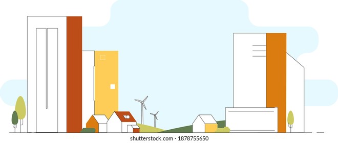 Eco city landscape. Futyre town. Line art. Colorfull illustration. Ecology and pollution