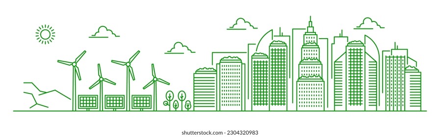 Eco city landscape with green energy buildings, vector ecology and environment. Thin line urban cityscape of city street with modern skyscrapers, trees, eco power solar panels and wind turbines