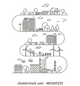 Eco City in Linear Style - solar panels, wind turbines, green home, energy generator and factory. Ecology and environment concept illustration. Green energy urban design elements.